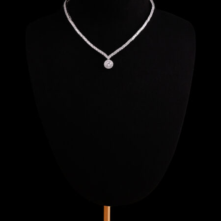 V Round 0.1 ct Tennis Choker with Classic Round Halo Pendant - Rhodium White Gold
