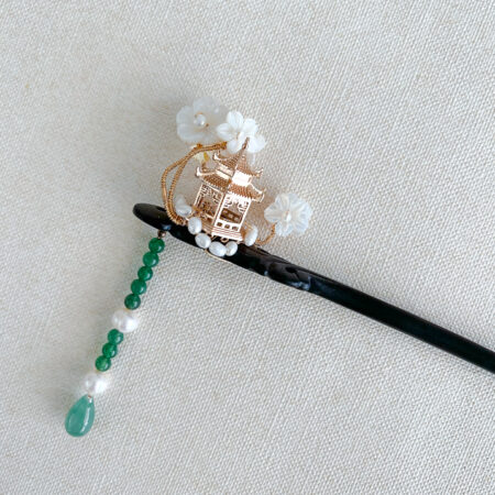 Pavilion Garden Wooden Hairpin - Gold (Right)