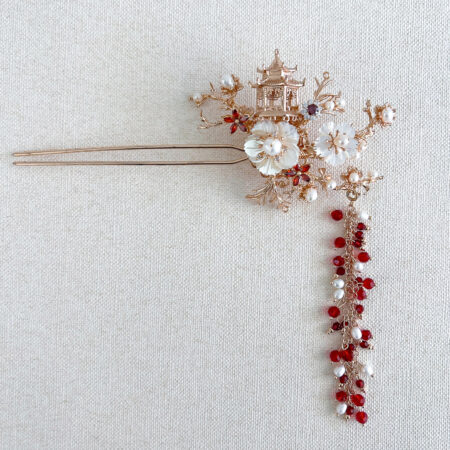 3D Pagoda Flower Garden Hairpin - Gold, Ruby (Left)