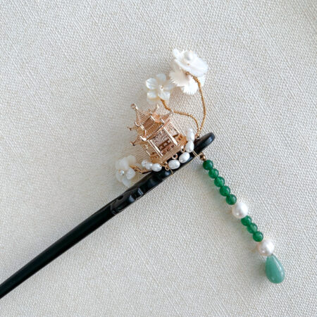 Pavilion Garden Wooden Hairpin - Gold (Left)