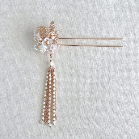 Crane Flowers Hairpin - Gold, Pink (Right)