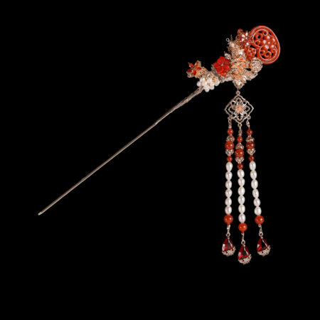 Carved Gourd Jade Peony Hairpin - Gold, Red Jade