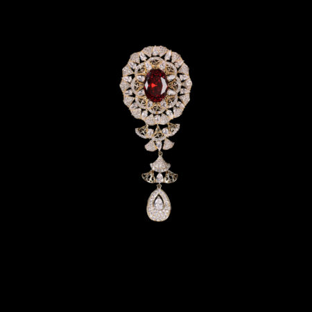 Dangling Oval Radiant Brooch - 18k Yellow Gold, Ruby