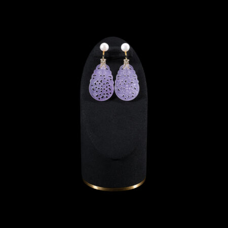 Carved Rounded Teardrop Small Jade with Pearl Earrings - 18k Yellow Gold, Purple Jade