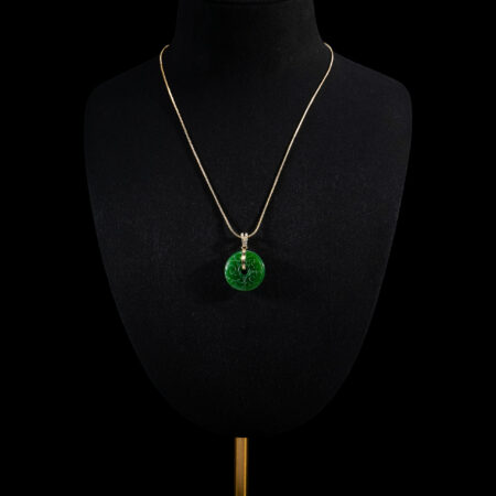Simple Paved Carved Donut Jade Pendant - 18k Yellow Gold, Jade