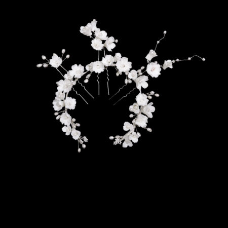 Clay Flower Blossom Hairvine & Hairpin Set - White Silver (5 pcs)