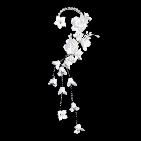 Cascading Clay Flower Earpiece - White Silver (Left)