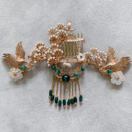 Crane Flowers Haircomb - Gold, Green