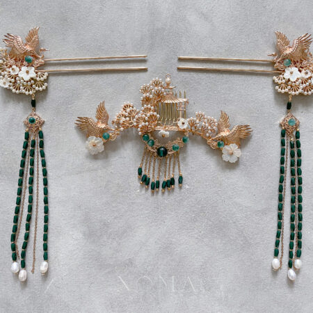 Crane Flowers Hairpin - Gold, Green (Left)