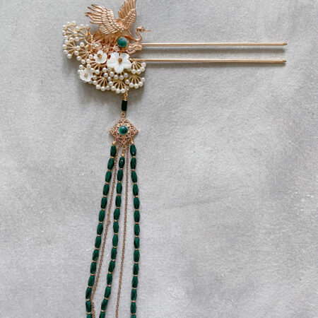 Crane Flowers Hairpin - Gold, Green (Right)