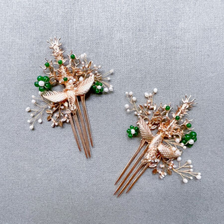 Phoenix Pearl Garden Small Haircomb - Gold, Green (Right)