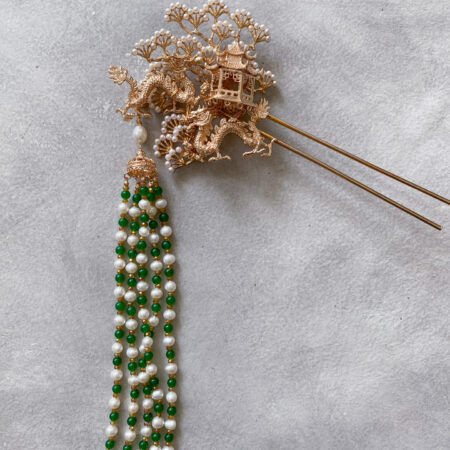3D Dragon Pagoda Garden Hairpin - Gold, Green (Right)