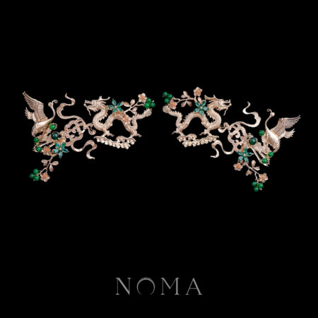 Dragon and Crane Heaven Hairvine Pair - Gold, Emerald (1 pair)