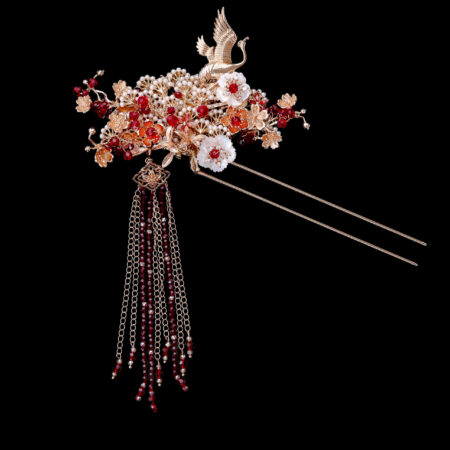 Flying Crane Pearl Blossom Hairpin - Gold, Ruby (Right)