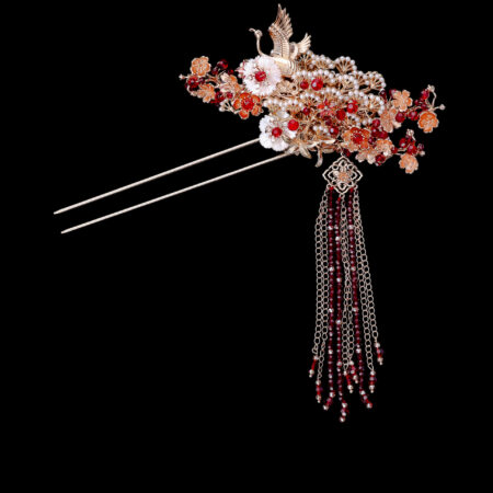 Flying Crane Pearl Blossom Hairpin - Gold, Ruby (Left)