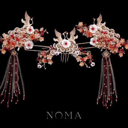 Flying Crane Pearl Blossom Set - Gold, Ruby (3 pcs)