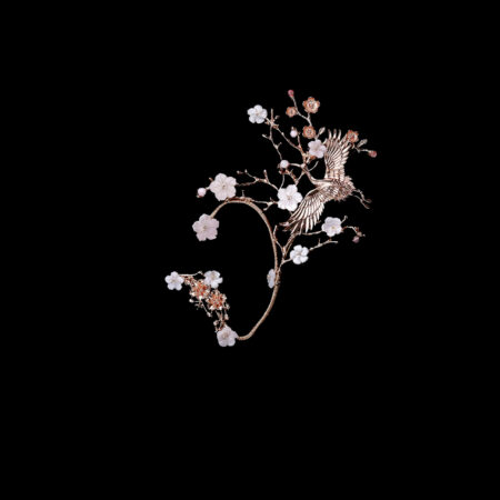 Crane Wing Flower Tree Earpiece - Gold, Pink (Left)