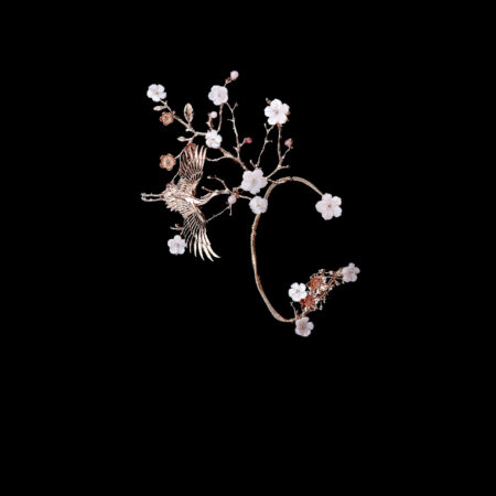 Crane Wing Flower Tree Earpiece - Gold, Pink (Right)