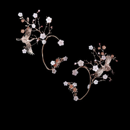 Crane Wing Flower Tree Earpiece Pair - Gold, Pink (1 pair)