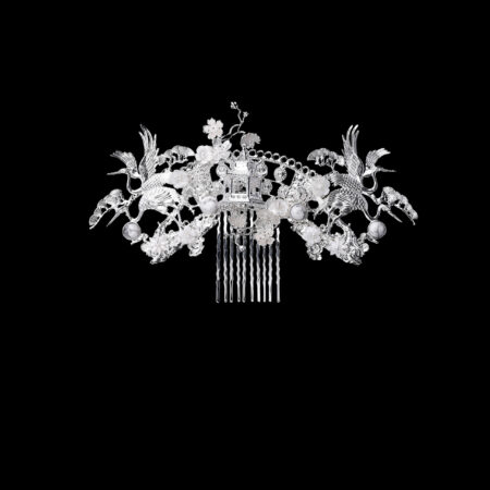 Twin Crane Pagoda Garden Haircomb - Silver, White