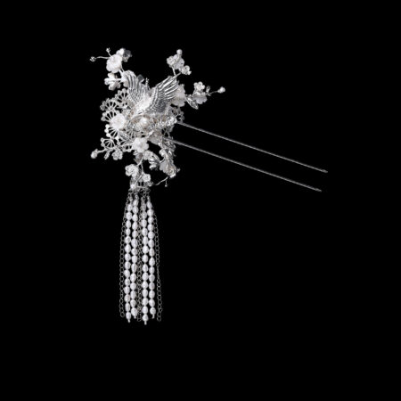 Crane Pagoda Floral Garden Hairpin - Silver, White (Right)