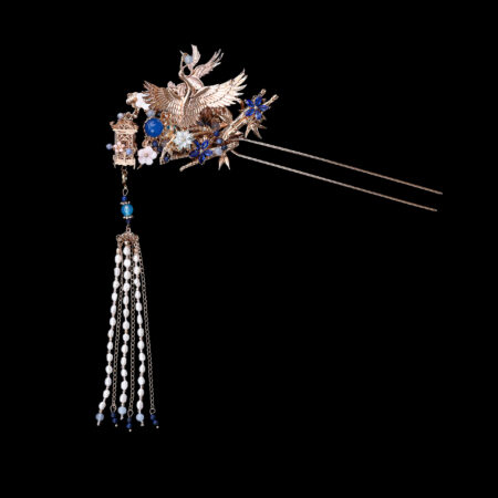 Crane Wing Pagoda Bamboo Hairpin - Gold, Sapphire (Right)