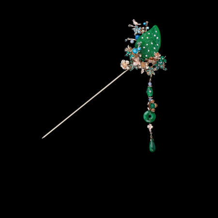 Natural Teardrop Jade Branch Hairpin - Gold, Jade