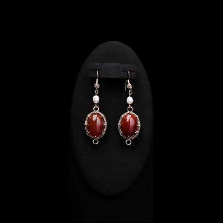 Simple Oval Jade Hook Earrings - Gold, Red Jade
