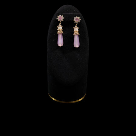 Round Paved Ornamental Pear Jade Earrings - Gold, Pink Jade