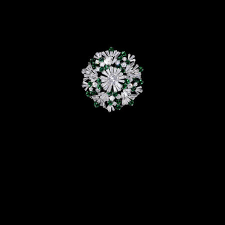 Faceted Round Brooch - Rhodium White Gold, Emerald