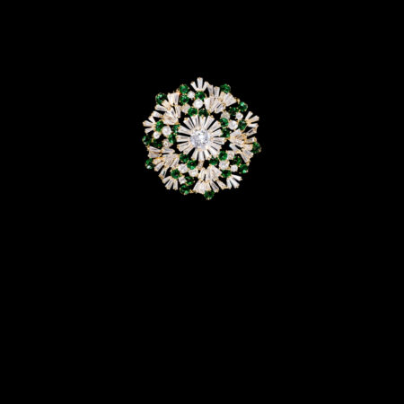 Faceted Round Brooch - 18k Yellow Gold, Emerald