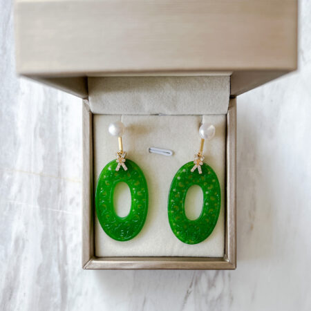 Carved Oval Hollow Jade with Pearl Earrings - 18k Yellow Gold, Jade