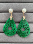 Carved Rounded Teardrop Hollow Jade with Pearl Earrings - 18k Yellow Gold, Jade