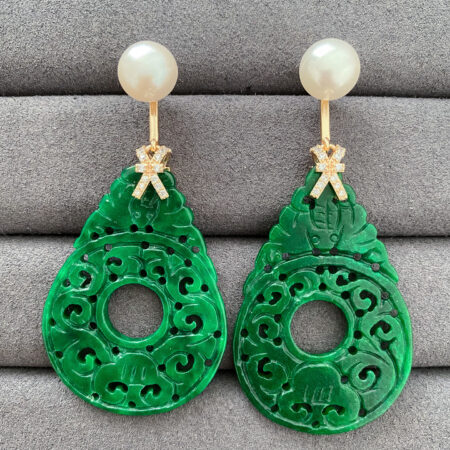 Carved Rounded Teardrop Hollow Jade with Pearl Earrings - 18k Yellow Gold, Jade
