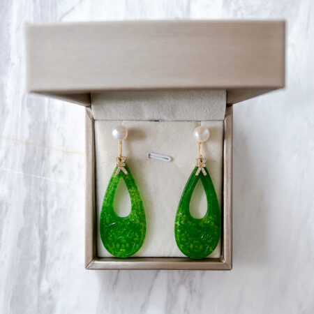 Carved Asymmetrical Teardrop Hollow Jade with Pearl Earrings - 18k Yellow Gold, Jade