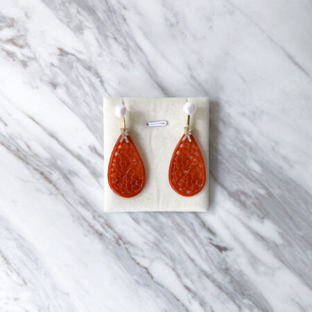 Carved Floral Teardrop Jade with Pearl Earrings - 18k Yellow Gold, Red Jade