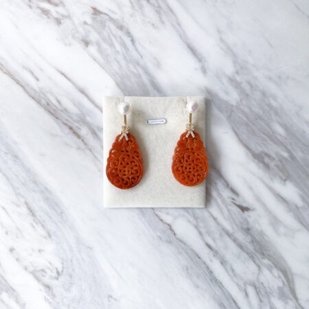 Carved Rounded Teardrop Small Jade with Pearl Earrings - 18k Yellow Gold, Red Jade