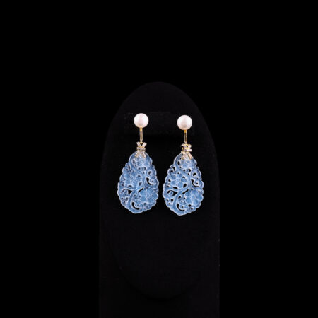 Carved Floral Teardrop Small Jade with Pearl Earrings - 18k Yellow Gold, Blue Jade