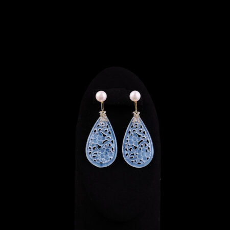 Carved Floral Teardrop Jade with Pearl Earrings - 18k Yellow Gold, Blue Jade