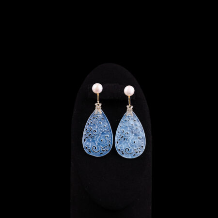 Carved Teardrop Large Jade with Pearl Earrings - 18k Yellow Gold, Blue Jade