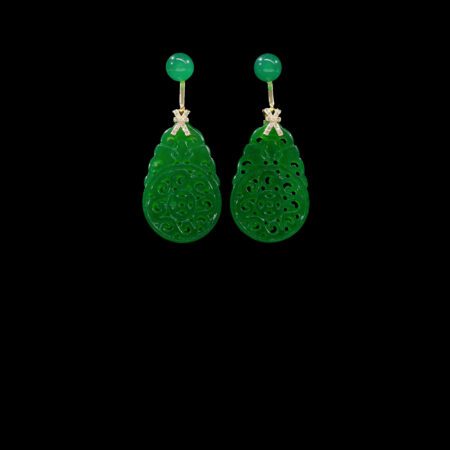 Carved Rounded Teardrop Small Jade with Jade Earrings - 18k Yellow Gold, Jade