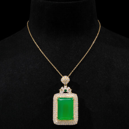 Superior Rectangle Jade Double Halo Pendant - 18k Yellow Gold, Jade