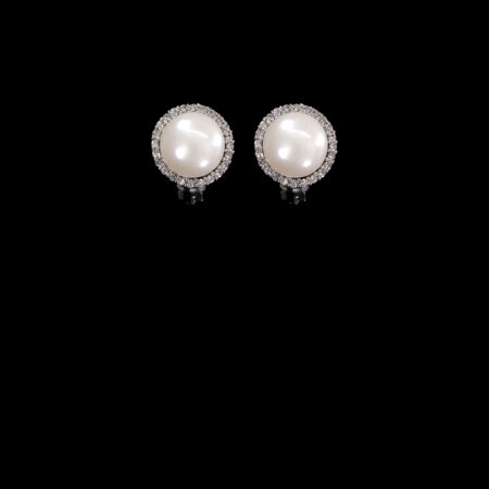 Pearl Bezel Earrings 12 mm - Rhodium White Gold, White Pearl (Clip)