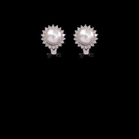 Pearl Halo Earrings 8 mm - Rhodium White Gold, White Pearl (Clip)