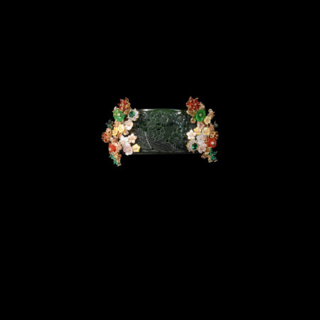 Carved Peacock Floral Jade Cuff - Gold, Jade