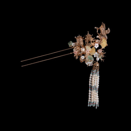 Flying Crane Double Pagoda Ginkgo Hairpin - Gold (Left)