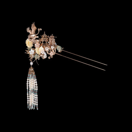 Flying Crane Double Pagoda Ginkgo Hairpin - Gold (Right)