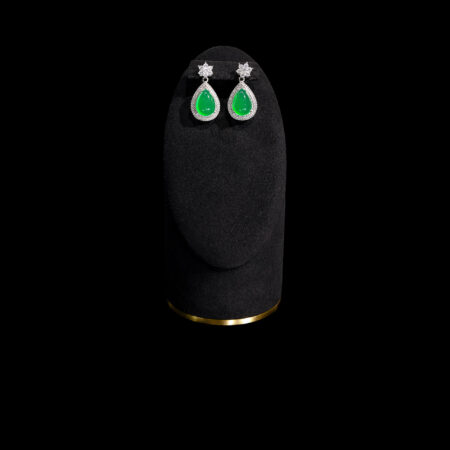 Superior Pear Jade Double Halo Round Paved Top Earrings - Rhodium White Gold, Jade