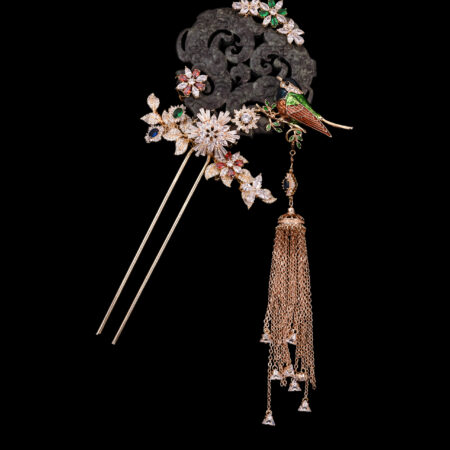 Antique Carved Jade Bird Gems Hairpin - Gold