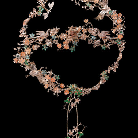Crane Lotus Blossom Fan - Gold, Turquoise
